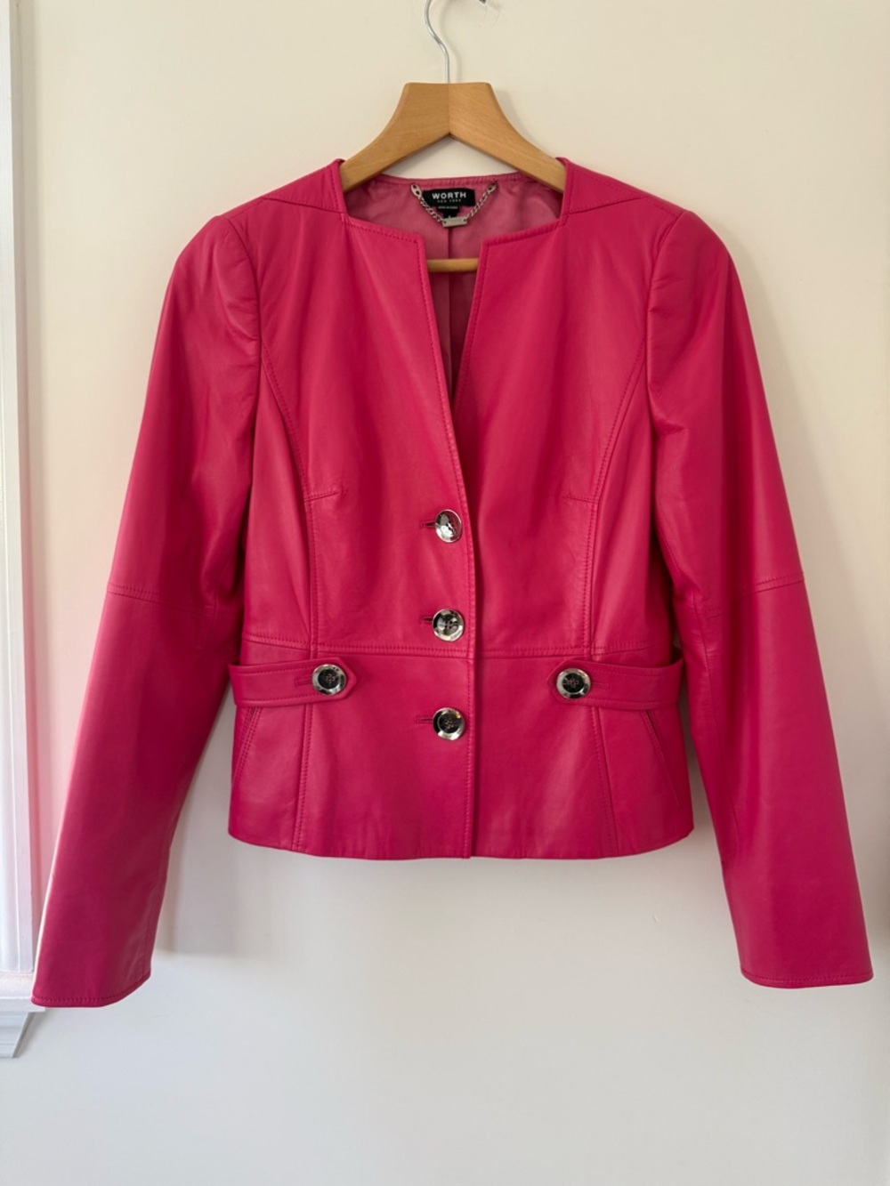 Worth New York Hot Pink Fuchsia Button-Front Butter Soft Leather Jacket